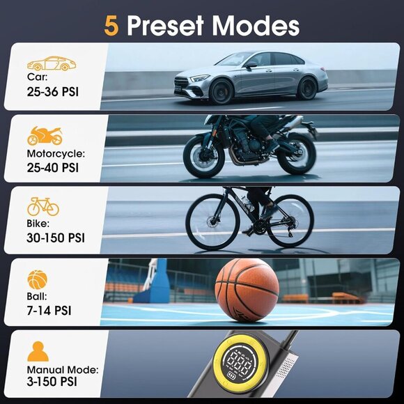 Tire Inflator Air Compressor 150PSI Portable Air Pump for Car Bike Motorcycle - Picture 6 of 9